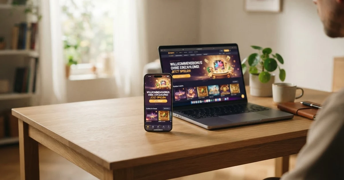 Browser-Fenster mit Casino-Willkommensbonus-Anzeige und „Kein Download nötig“-Hinweis, daneben ein Smartphone mit demselben Casino im Browser