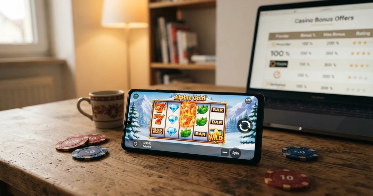 Ein Bildschirm mit einer Übersicht verschiedener Online-Casino-Bonus-Angebote, Prozentsätze von 100 % bis 500 % und den zugehörigen Umsatzbedingungen in tabellarischer Darstellung