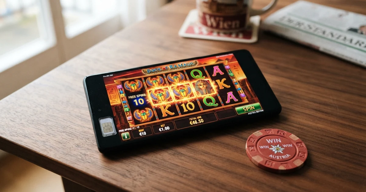 Nahaufnahme eines Smartphones mit geöffnetem Casino-Slot und danebenliegenden Euro-Münzen auf einem Holztisch