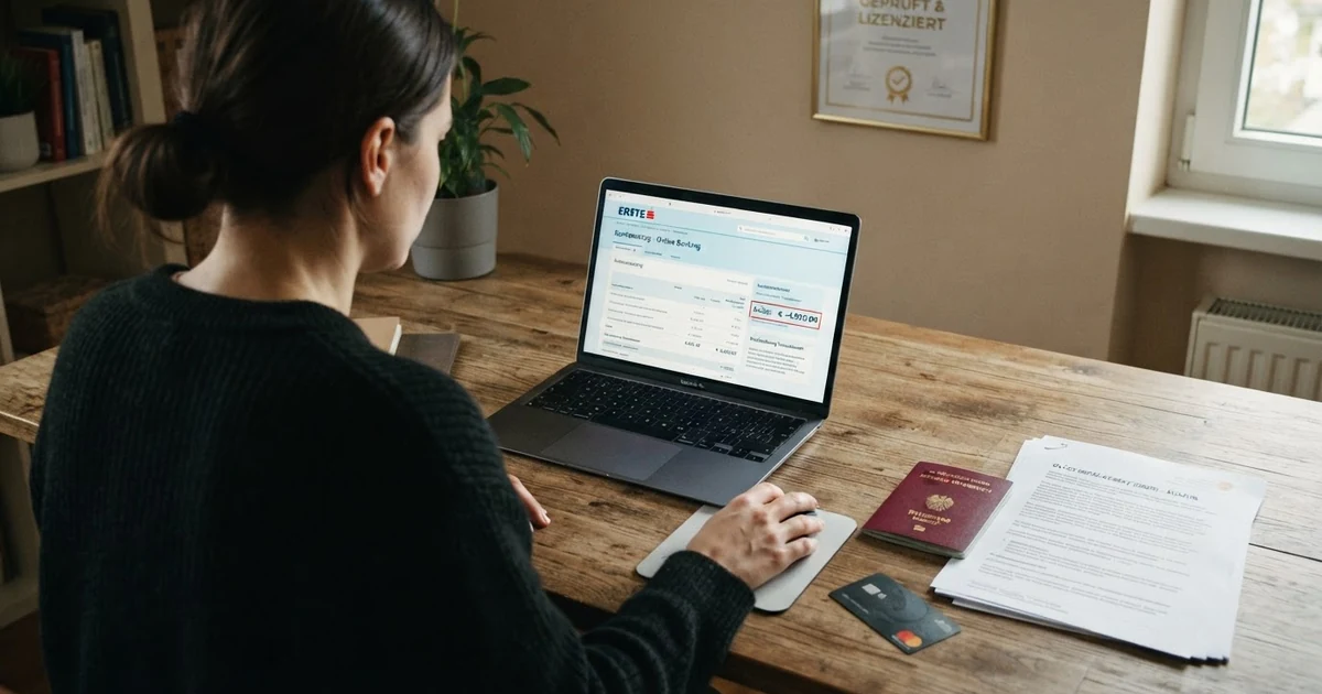 Eine Person sitzt an einem Laptop mit geöffneten Kontoauszügen, daneben ein österreichischer Reisepass und ein Ausdruck des Glücksspielgesetzes