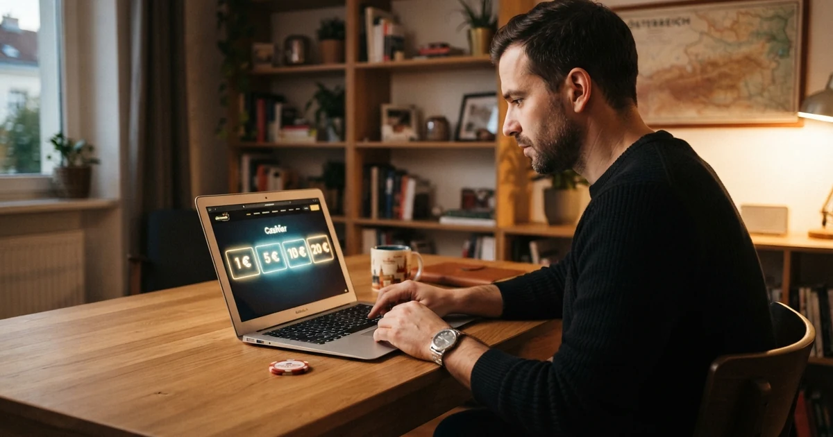 Eine Person sitzt vor einem geöffneten Laptop, auf dessen Bildschirm die Kassen-Seite eines Online-Casinos mit der Auswahl zwischen 1 €, 5 €, 10 € und 20 € als Einzahlungsbetrag zu sehen ist.