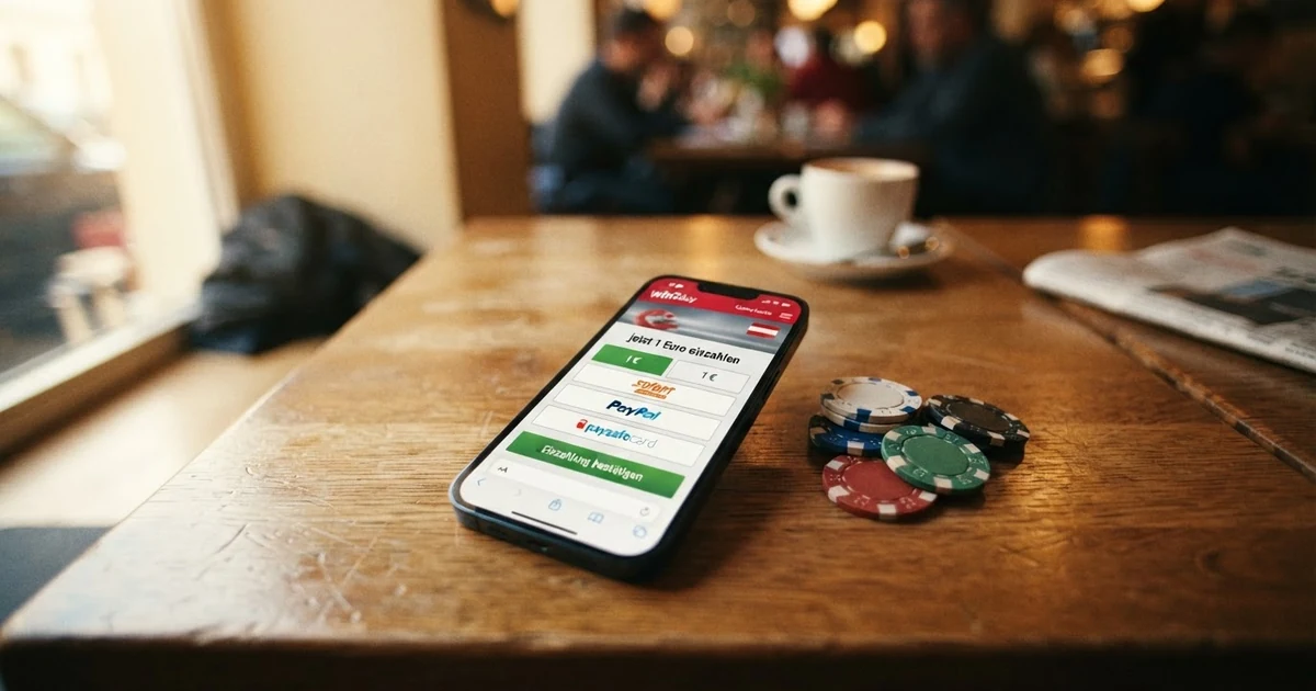 Ein Smartphone-Bildschirm mit der Einzahlungsseite eines Online-Casinos, auf der die Option „1 Euro einzahlen“ ausgewählt ist, daneben ein Stapel 1-Euro-Münzen