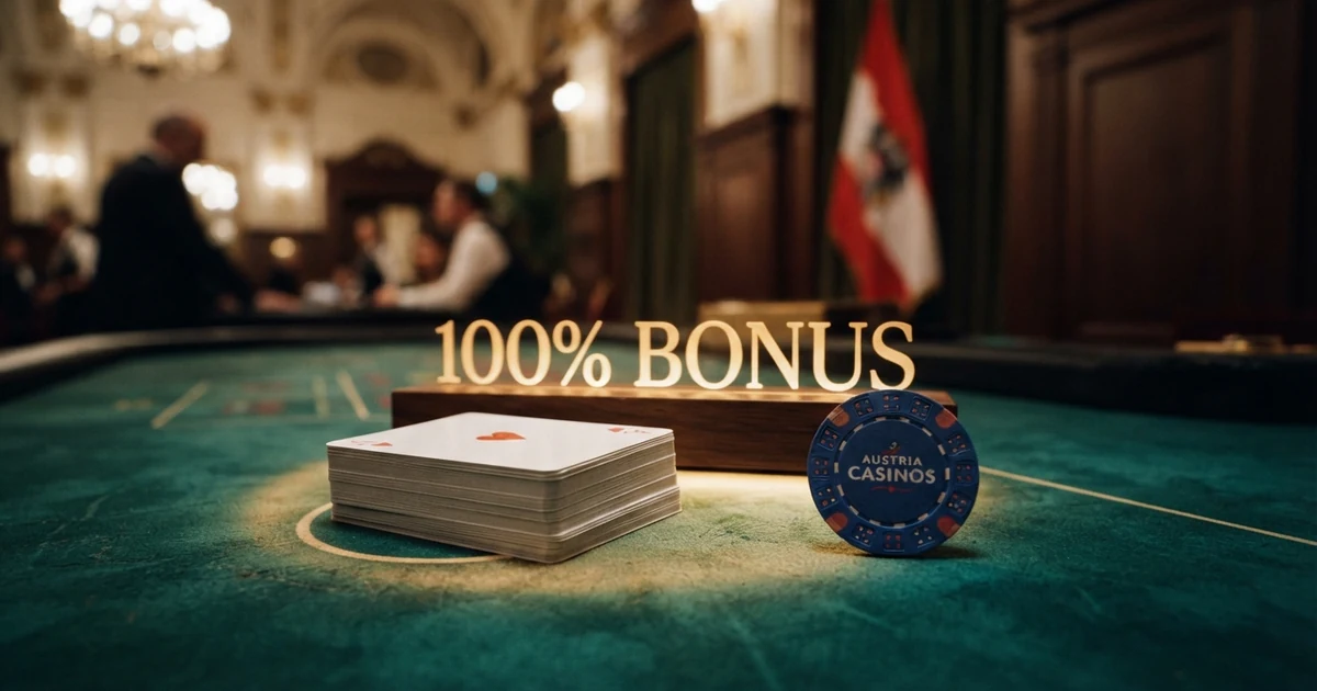 Ein Stapel Spielkarten und ein leuchtendes „100% Bonus“-Schild auf einem Casino-Tisch vor österreichischer Flagge