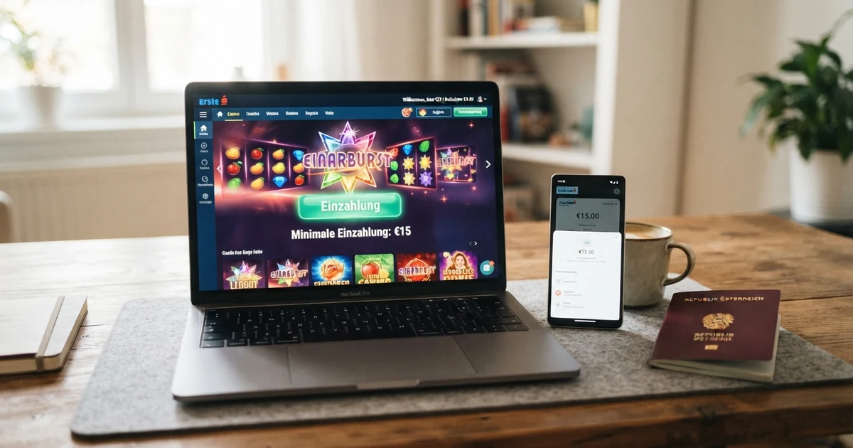 Ein geöffneter Laptop zeigt eine Casino-Lobby mit Spielautomaten und einem markierten Einzahlungsbutton, daneben liegen ein Smartphone und ein österreichischer Reisepass