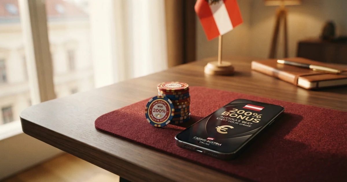 Ein Stapel Casino-Chips neben einem Smartphone mit geöffneter Bonus-Werbung, im Hintergrund eine Österreich-Flagge.