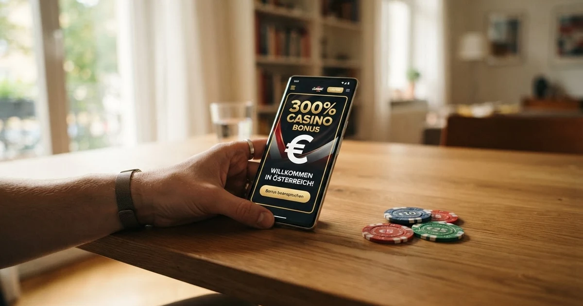 Ein Stapel Spielchips neben einem Bildschirm, der „300% Bonus“ anzeigt, mit einem österreichischen Euro-Symbol