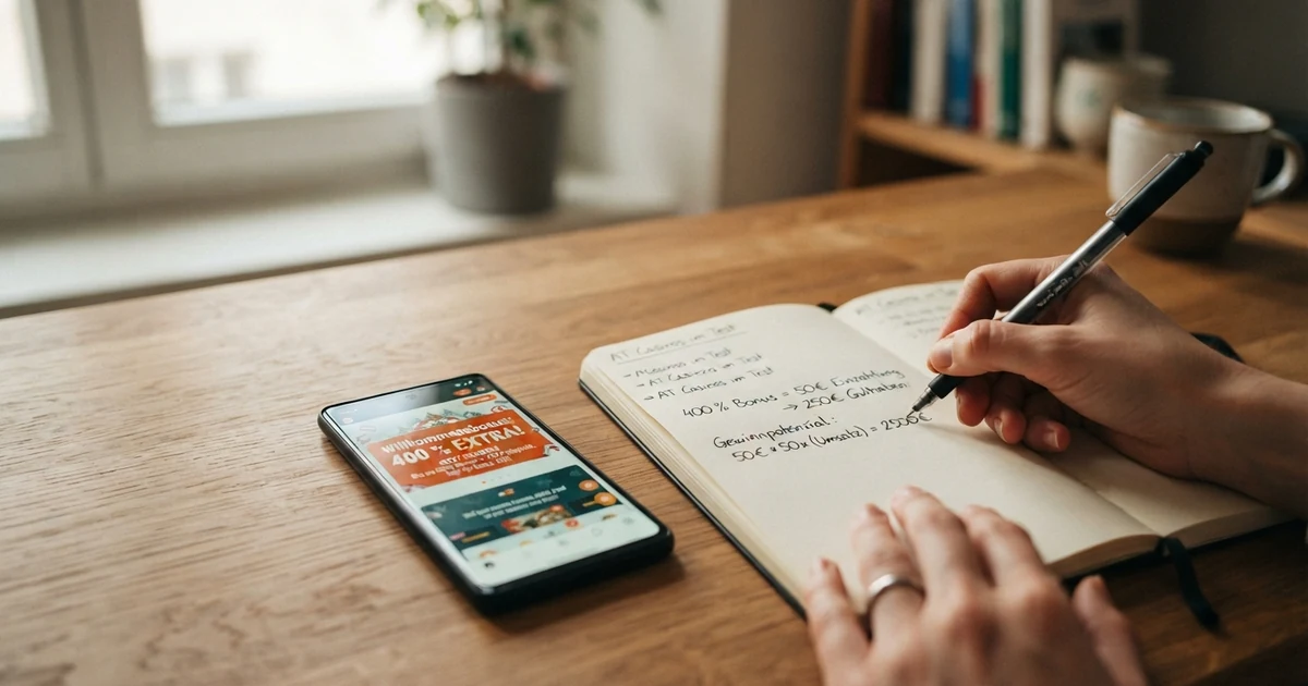 Ein Smartphone mit geöffneter Casino-App zeigt ein Willkommensbonus-Angebot mit der Zahl 400 % auf dem Bildschirm, daneben ein aufgeschlagenes Notizbuch mit einem Taschenrechner
