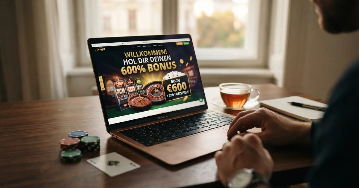 Ein Laptop-Bildschirm mit einer Casino-Willkommensseite, die einen 600%-Bonus-Schriftzug in grossen Ziffern anzeigt, daneben Spielkarten und Casino-Chips auf einem Tisch