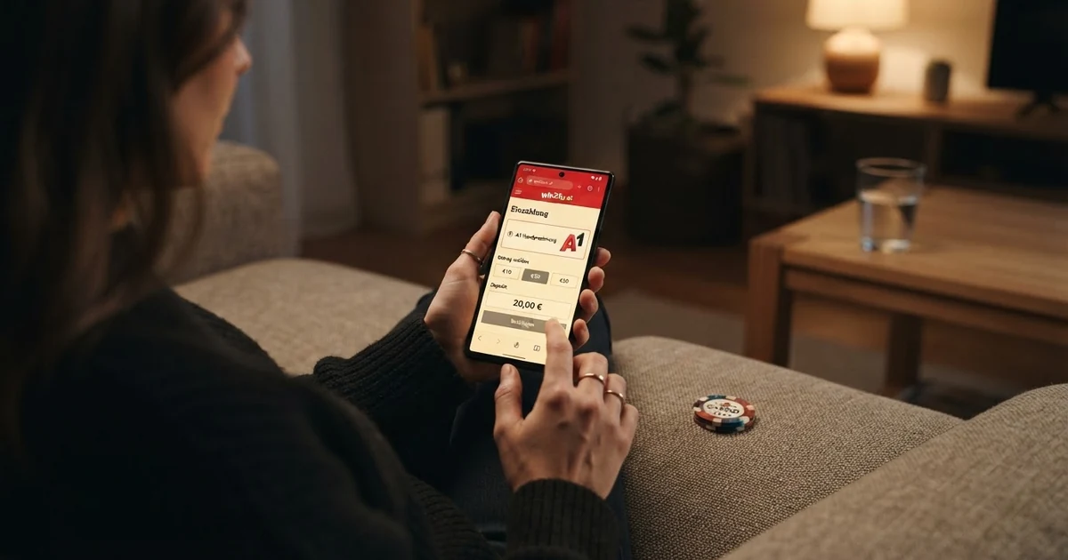 Ein geöffnetes Smartphone zeigt den Einzahlungsbildschirm eines Online Casinos mit dem ausgewählten Zahlungsmittel „A1 Handyrechnung“, daneben liegt eine aufgeschlagene Handyrechnung mit markiertem Posten