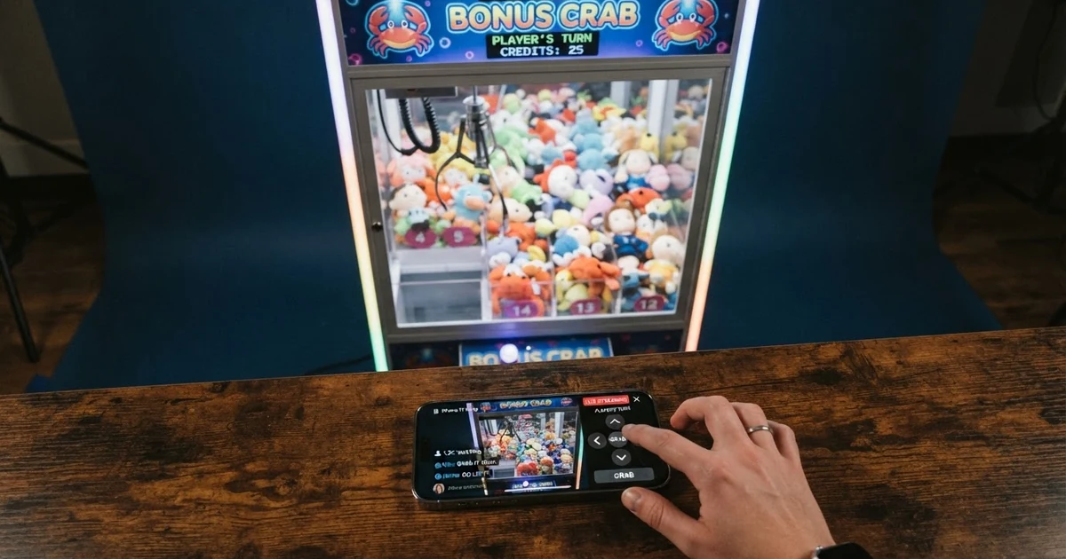 Ein live gestreamter Greifautomat mit geöffnetem mechanischem Greifarm über nummerierten, beleuchteten Preisfächern — bereit für die Fernsteuerung durch einen Spieler