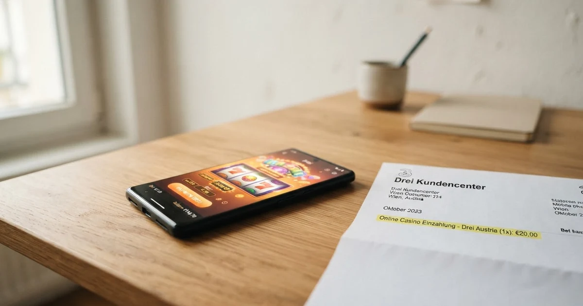 Ein Smartphone mit geöffneter Casino-App und eingeblendetem Drei-Logo auf dem Bildschirm, daneben eine österreichische Mobilfunkrechnung