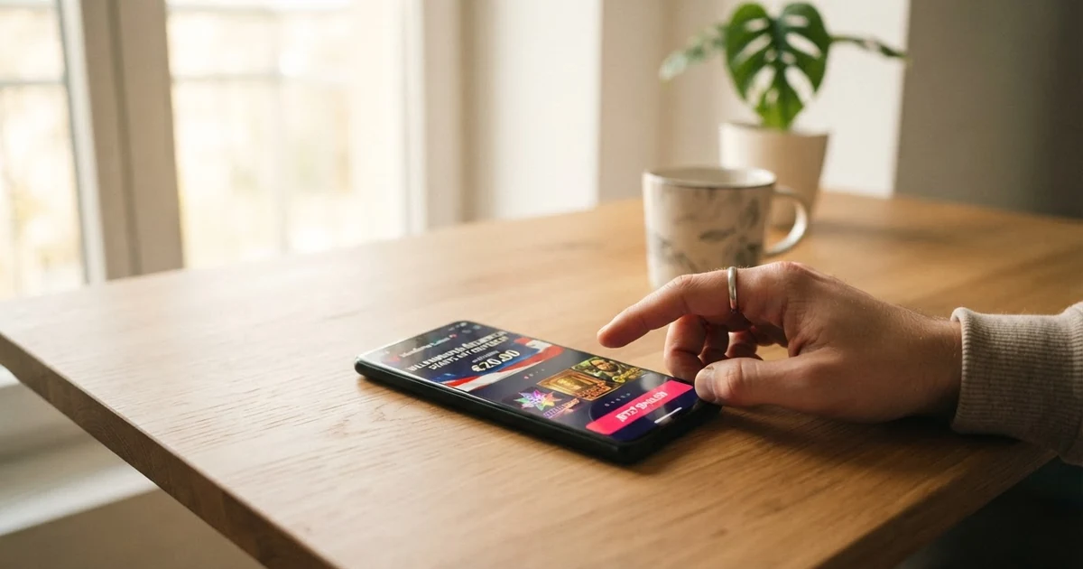 Eine Nahaufnahme eines Smartphone-Bildschirms mit einem geöffneten Online-Casino, auf dem ein Startguthaben-Banner mit Euro-Betrag und die Spielautomaten-Lobby im Hintergrund zu sehen sind.