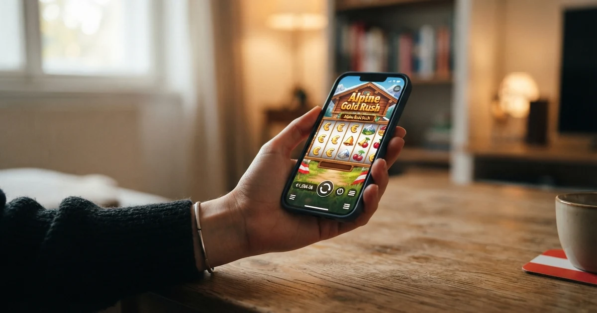 Ein Smartphone in einer Hand, auf dem Bildschirm ein geöffnetes Casino-Spiel mit sichtbarem Spielautomaten und dem Menüpunkt „Einzahlung“