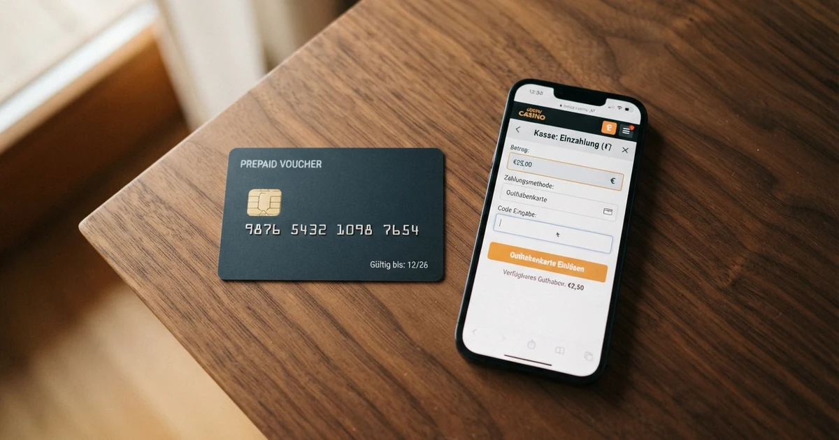 Eine Paysafecard-Guthabenkarte mit sichtbarem 16-stelligen Code neben einem Smartphone, das eine Casino-Website im Kassenbereich zeigt.