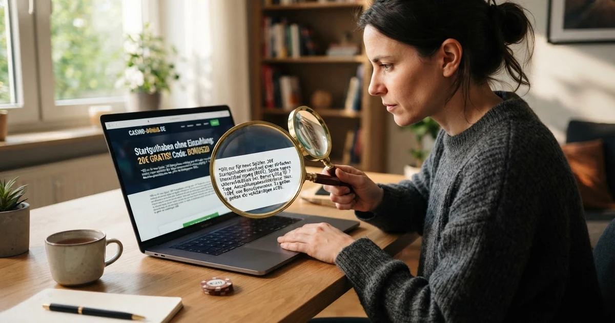 Eine Person sitzt an einem Laptop und öffnet die Bonusbedingungen einer Casino-Website – im Vordergrund eine Lupe über dem Kleingedruckten