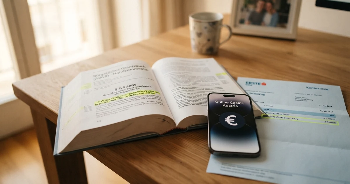 Ein aufgeschlagenes österreichisches Gesetzbuch neben einem Smartphone mit Casino-App und einem Kontoauszug auf einem Schreibtisch