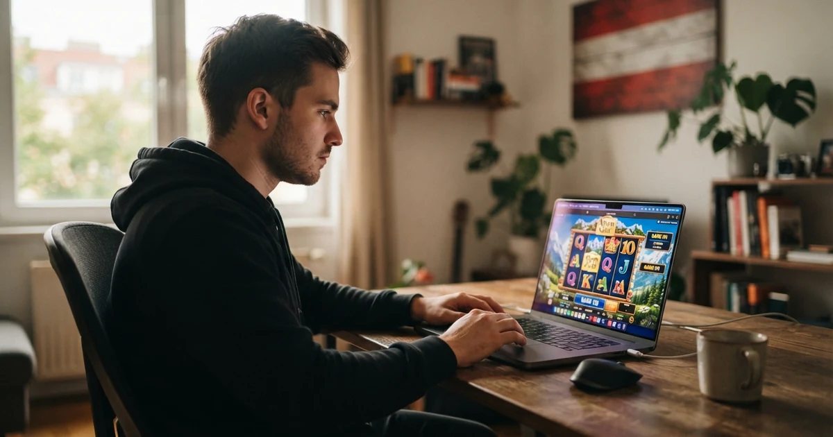 Ein Spieler an einem Laptop mit geöffnetem Online-Casino, im Hintergrund eine stilisierte Österreich-Flagge