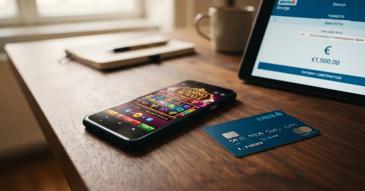 Ein Smartphone mit einer geöffneten Casino-App, daneben eine österreichische Bankkarte und der Bildschirm einer Banking-App mit IBAN-Eingabefeld