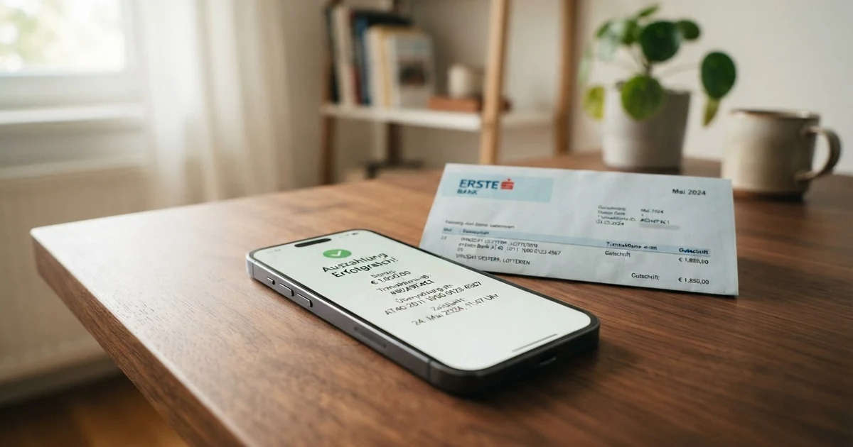 Nahaufnahme eines Smartphone-Bildschirms mit einer Casino-Auszahlungsbestätigung und einem österreichischen Bankkonto im Hintergrund