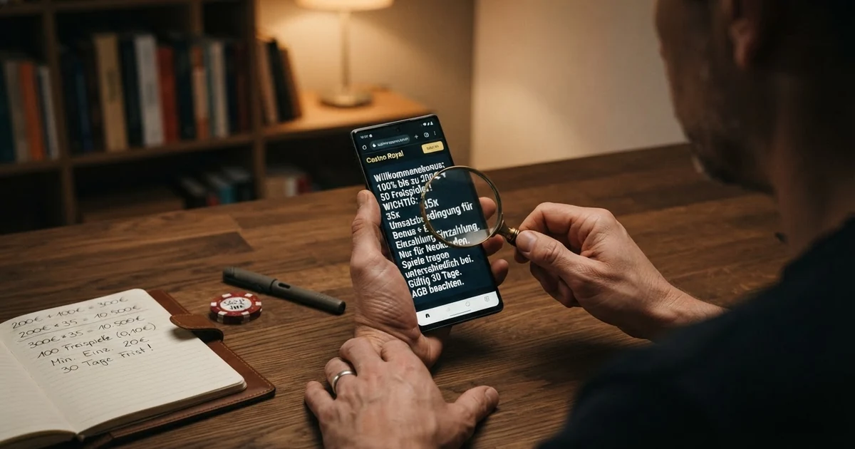 Ein aufgeschlagenes Online-Casino-Willkommensangebot auf einem Bildschirm, daneben eine Lupe über dem Kleingedruckten der Bonusbedingungen