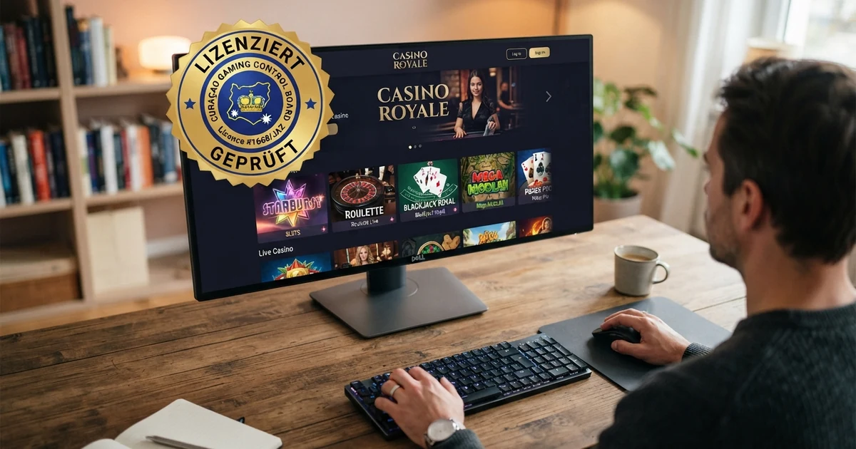 Nahaufnahme eines Bildschirms mit dem Lizenzsiegel der Curaçao Gaming Control Board und Casino-Symbolen im Hintergrund