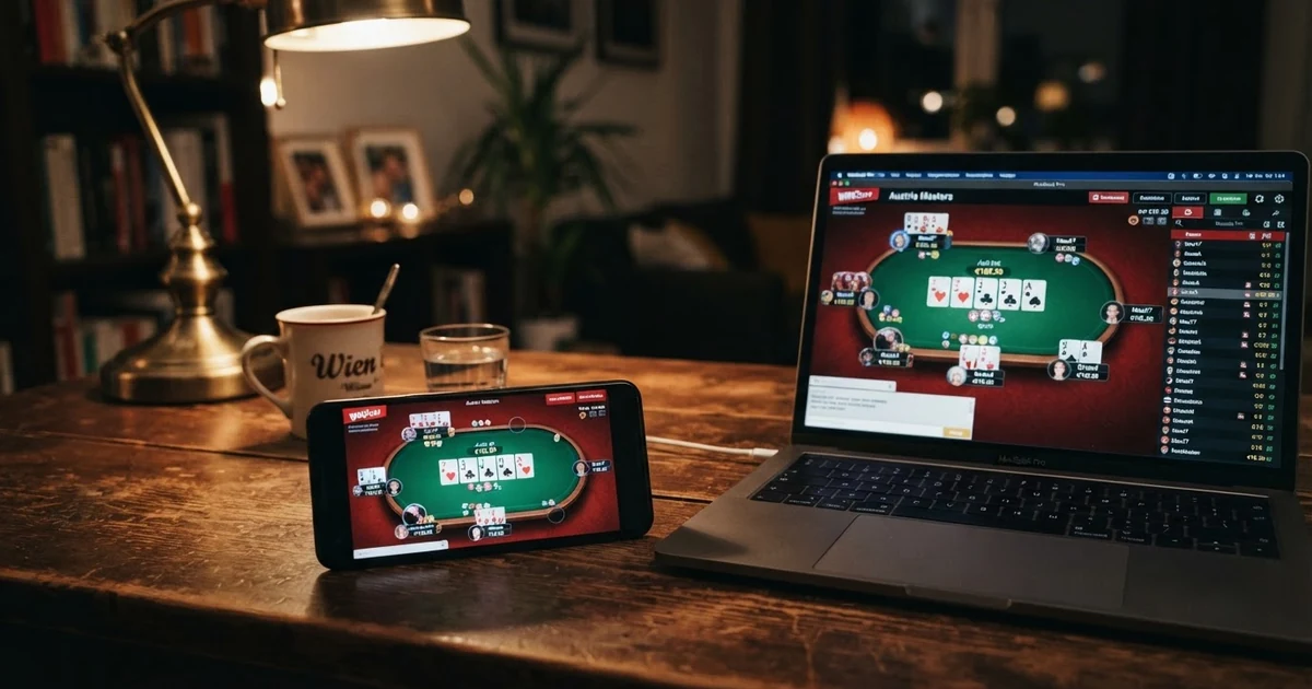 Ein geöffneter Laptop zeigt einen Online-Poker-Tisch mit digitalen Karten und Spielchips auf dem Bildschirm, daneben ein Smartphone mit derselben Poker-Oberfläche