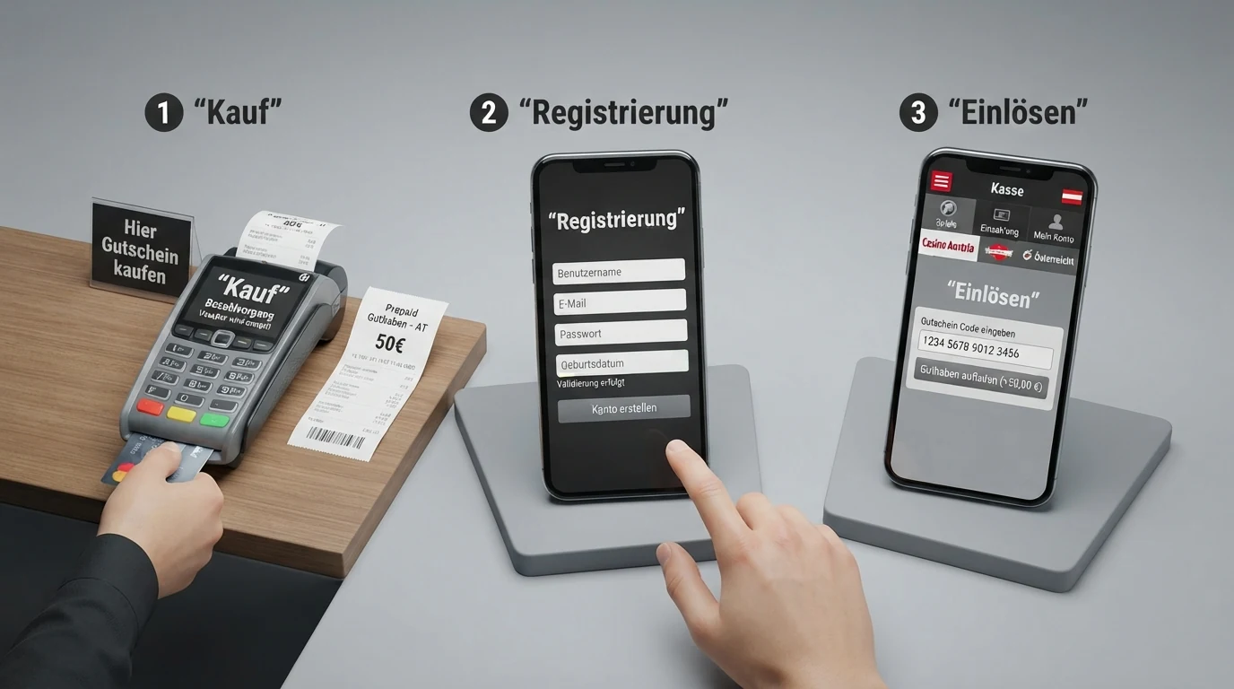 Eine illustrierte Schritt-für-Schritt-Darstellung des Einzahlungsvorgangs: vom Gutscheinkauf über die myPaysafecard-Registrierung bis zur Codeeingabe im Casino.