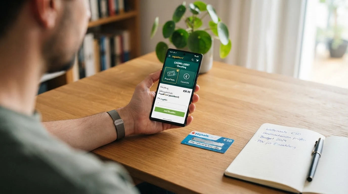 Schematische Darstellung des Einzahlungsprozesses: myPaysafe-Login, Betragseingabe, Bestätigung und Casino-Gutschrift in vier Schritten