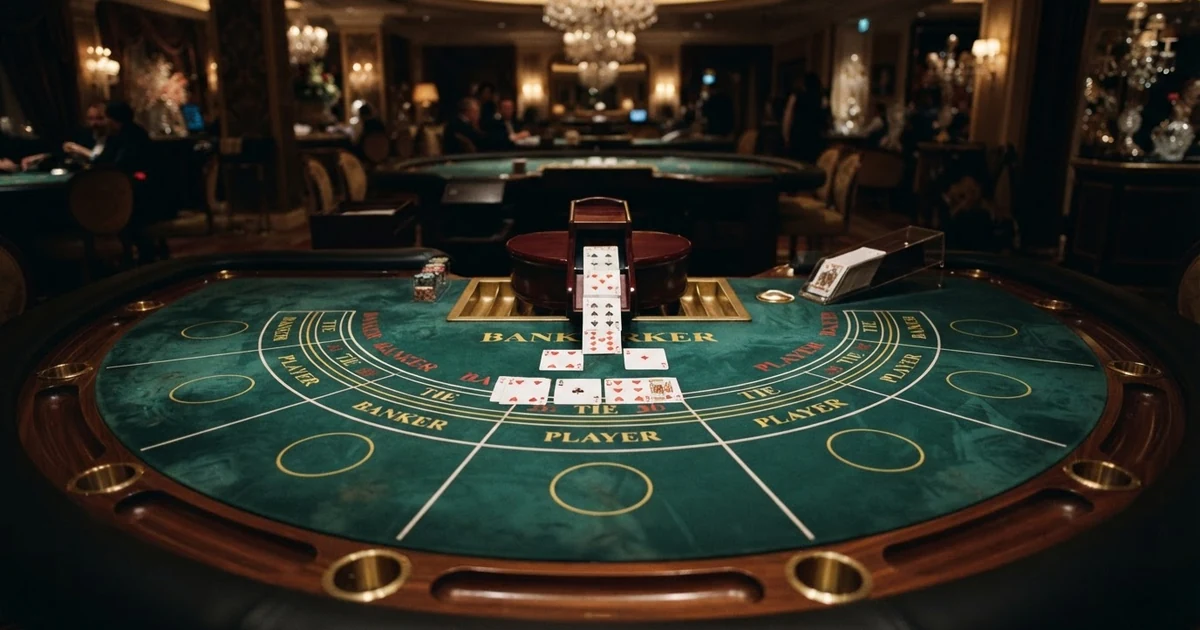Ein Punto-Banco-Spieltisch aus der Vogelperspektive mit Banker-, Spieler- und Unentschieden-Feldern sowie Karten in der Shoe