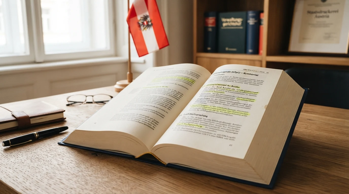 Ein aufgeschlagenes Gesetzbuch vor dem österreichischen Parlament mit Markierungen zum Glücksspielgesetz und dem Titel „GSpG — Glücksspielmonopol“