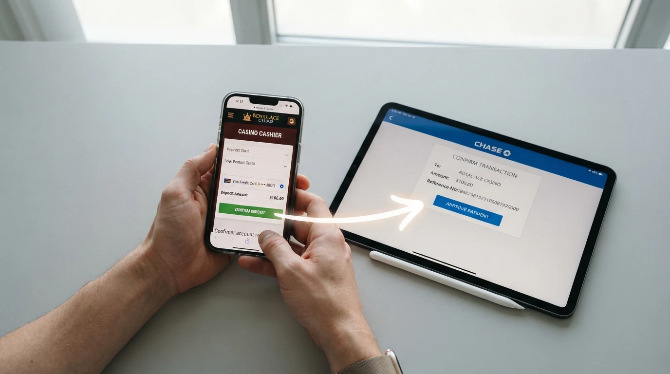 Ein Bildschirmfoto-Schaubild des Einzahlungsvorgangs: Revolut-App-Bestätigung neben dem Casino-Cashier-Dialog, der die Karteneingabe zeigt, mit einem Pfeil, der den Transaktionsweg visualisiert.