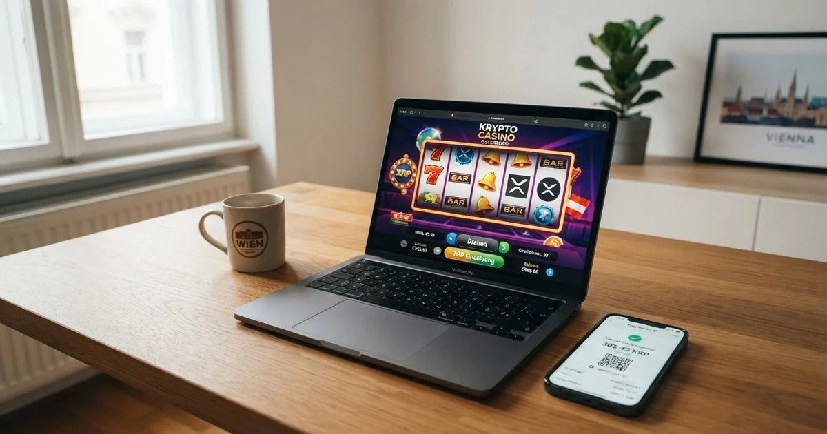 Eine Nahaufnahme eines Smartphone-Bildschirms mit einer Krypto-Wallet-App die eine XRP-Transaktion anzeigt, daneben ein Laptop mit einem geöffneten Online-Casino-Interface im Hintergrund