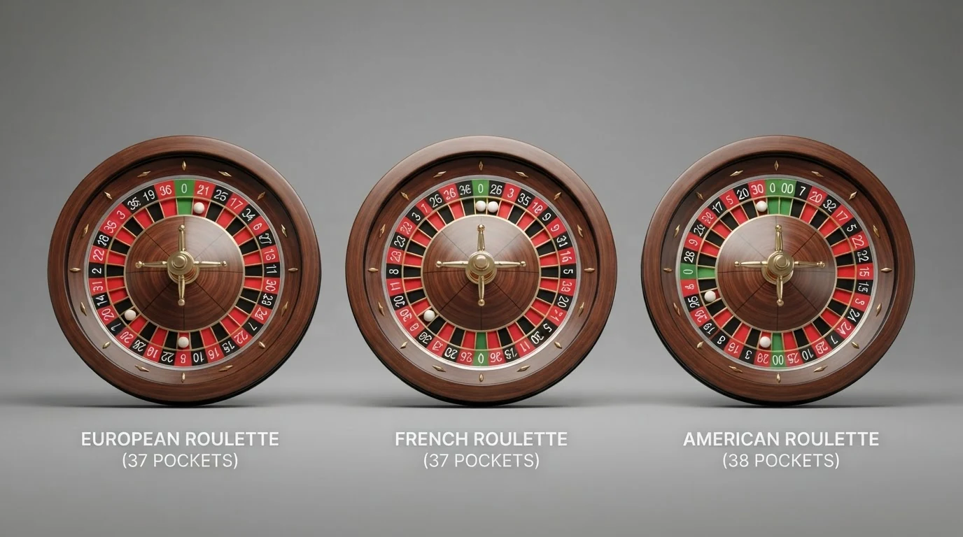 Drei Roulette-Räder nebeneinander: das europäische Rad mit einer Null (grün), das französische Rad mit identischem Aufbau aber abweichender Zahlensortierung, das amerikanische Rad mit Null und Doppelnull (beide grün) — die unterschiedliche Anzahl grüner Fächer ist visuell hervorgehoben.