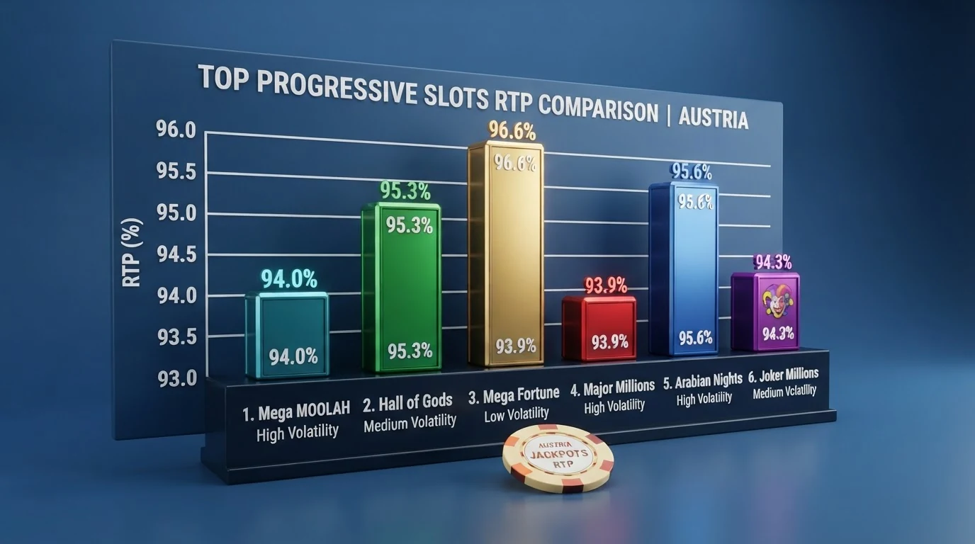 Vergleichstabelle mit den fünf research-gestützten progressiven Jackpot-Slots, sortiert nach RTP absteigend, mit Spalten für Slot-Name, Auszahlungsquote, Volatilität und Hersteller