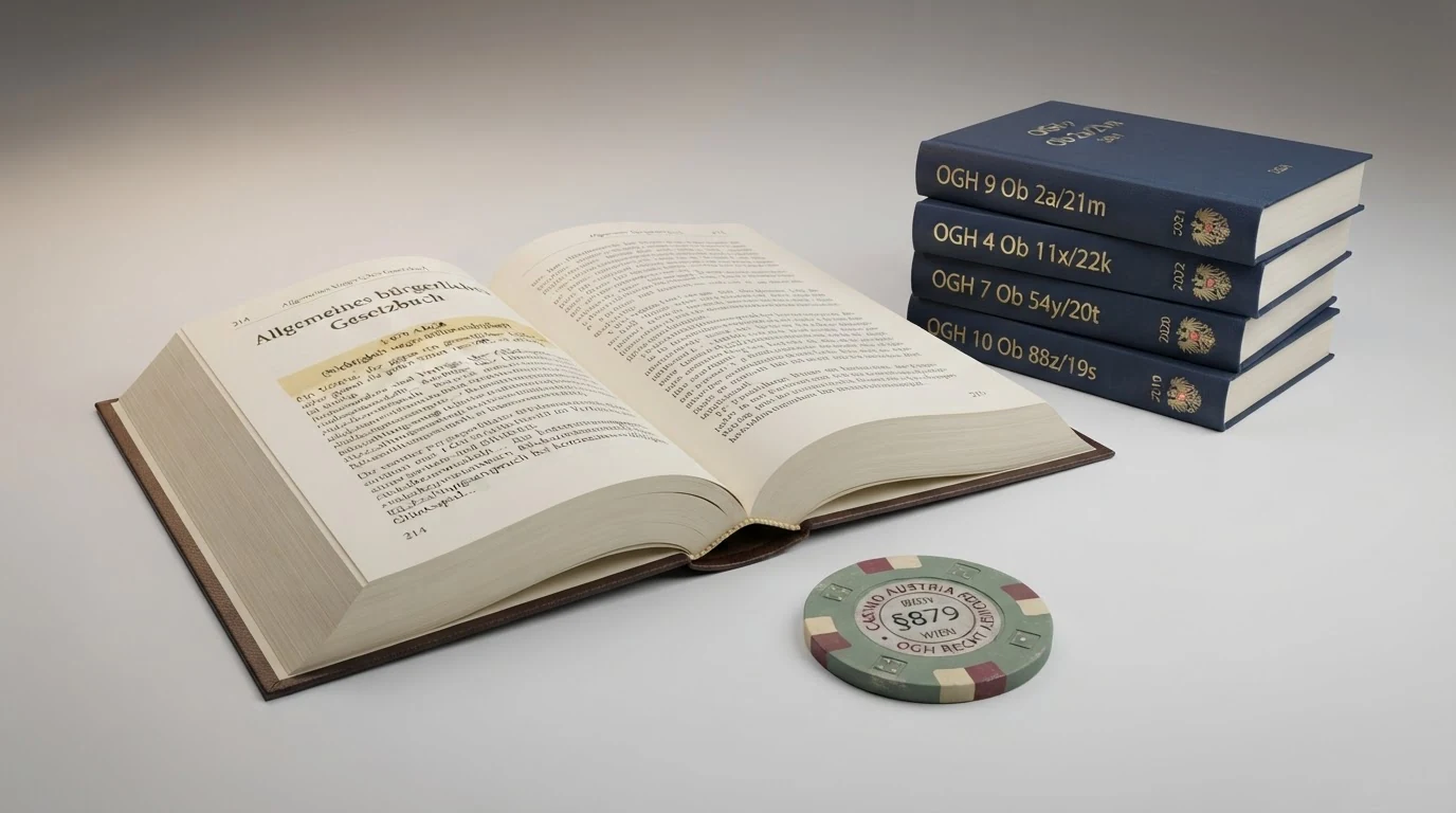 Ein aufgeschlagenes Gesetzbuch mit hervorgehobenem Paragrafen neben einem Stapel Gerichtsurteile mit dem OGH-Emblem auf einem Schreibtisch