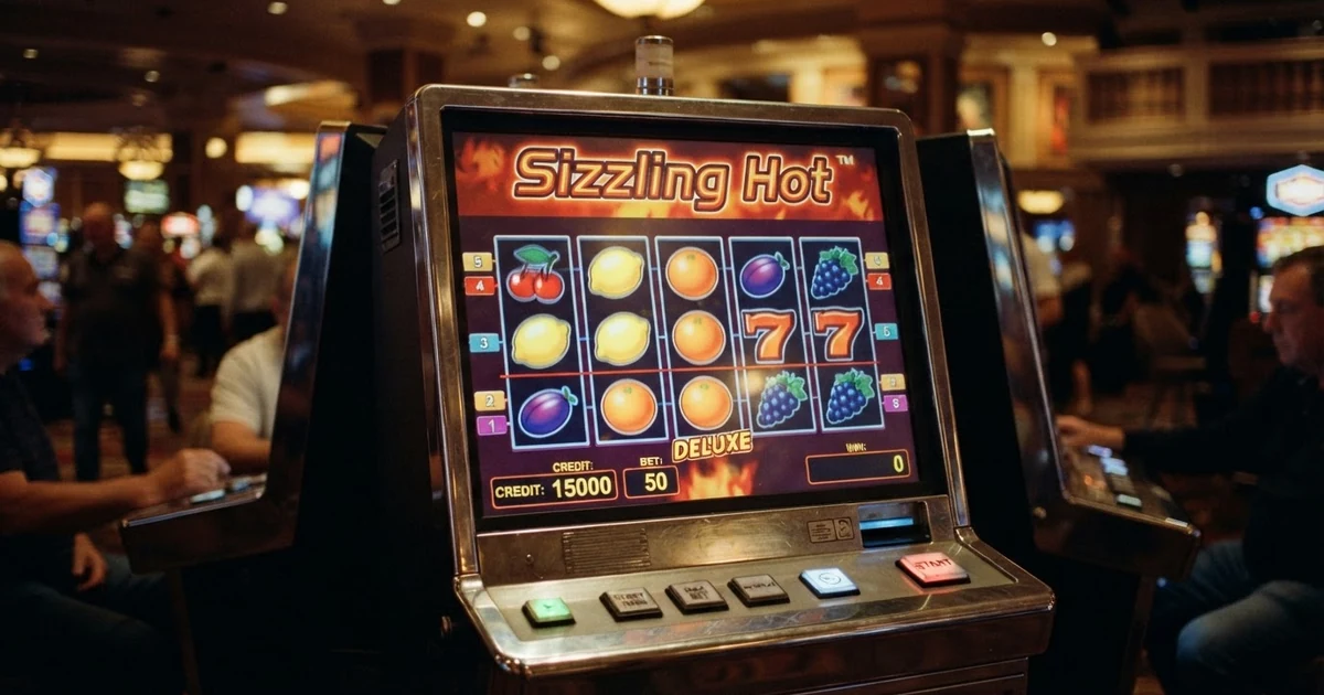 Sizzling Hot Deluxe Spielautomat mit fünf Walzen und klassischen Fruchtsymbolen — Kirschen Zitronen und rote Siebenen auf dem Bildschirm