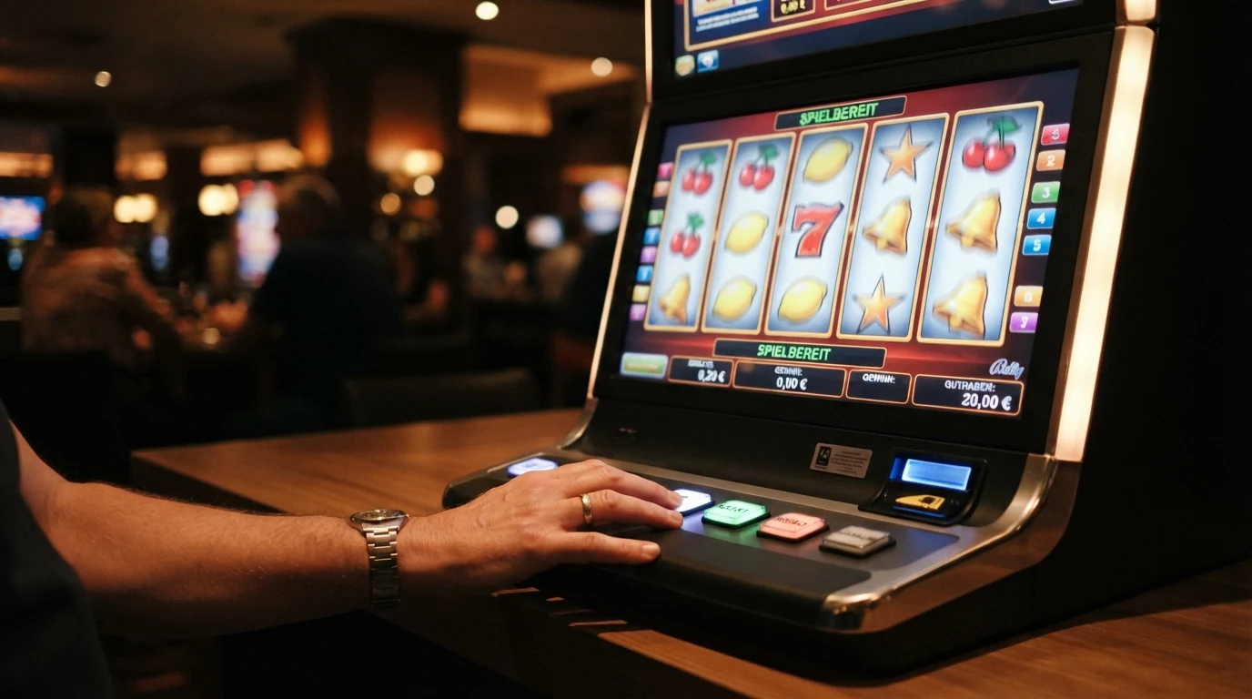 Bildschirm eines Spielautomaten mit bunten Symbolen und einem Einsatz von 20 Cent pro Spin