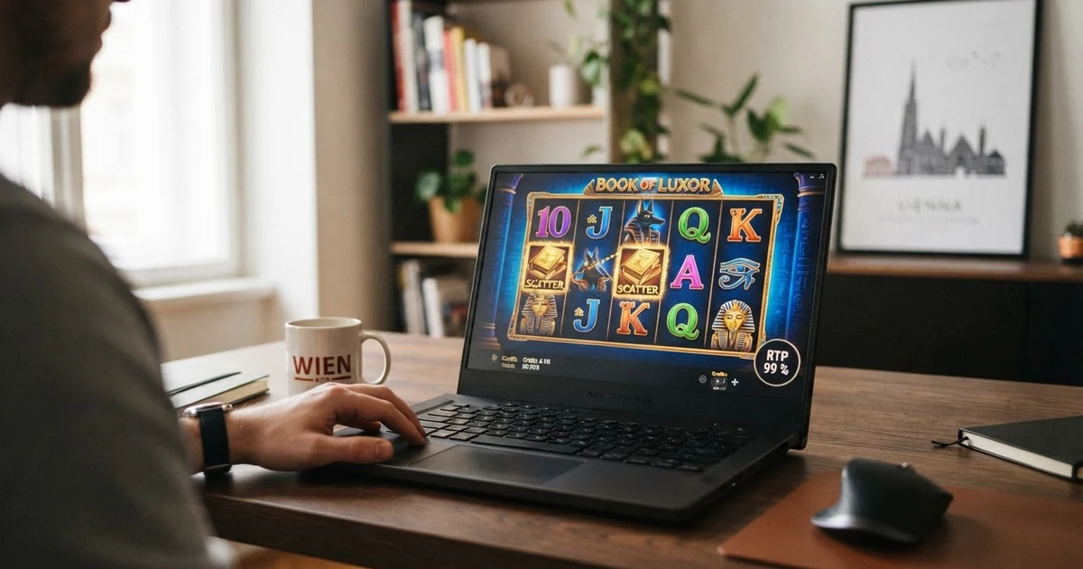 Mehrere Spielautomaten-Walzen mit unterschiedlichen Symbolen und Gewinnlinien auf einem Bildschirm, daneben eine Einblendung mit Prozentwerten
