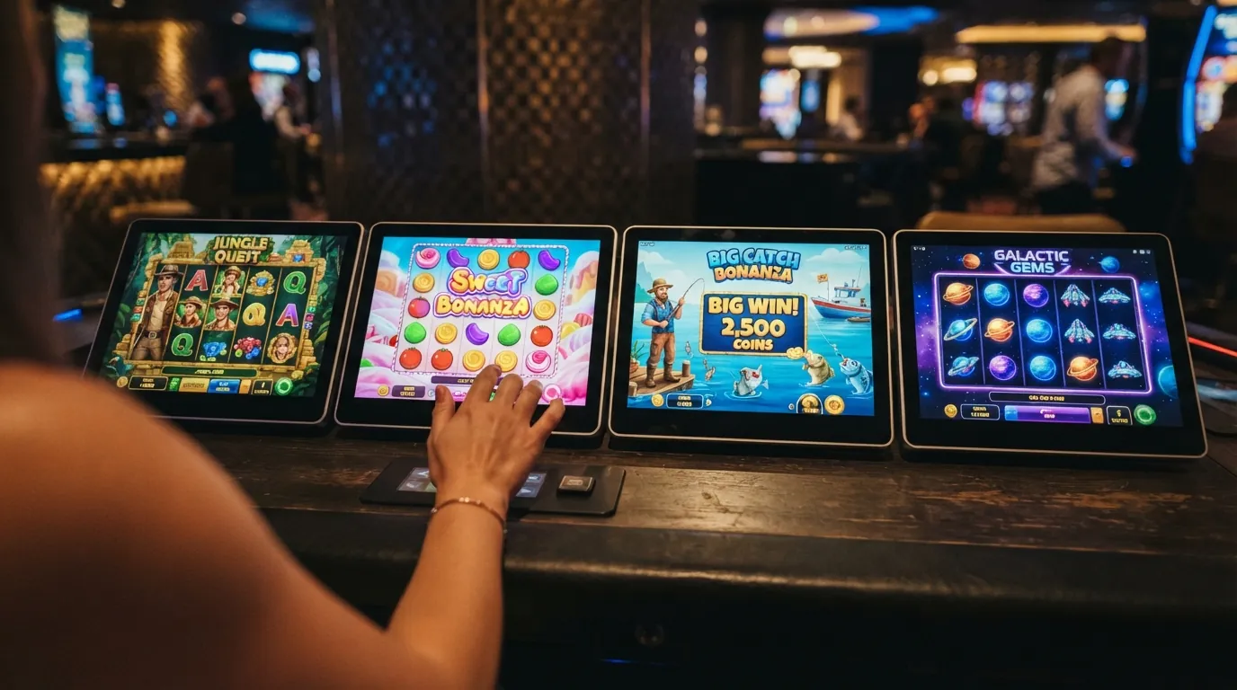 Vier Spielautomaten-Vorschaubilder nebeneinander: Book of Dead, Sweet Bonanza, Big Bass Bonanza und Starburst, jeweils mit eingeblendetem RTP-Prozentsatz