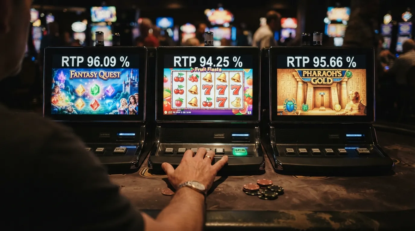 Drei nebeneinander angeordnete Spielautomaten-Bildschirme mit eingeblendeten RTP-Prozentwerten und Volatilitätsangaben