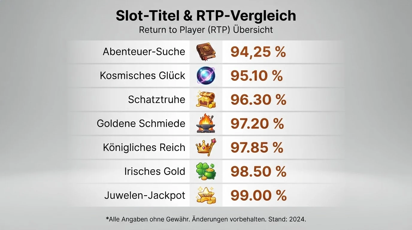 Eine Übersicht von sieben Slot-Titeln mit ihren Auszahlungsquoten, sortiert von 94 % bis 99 % RTP