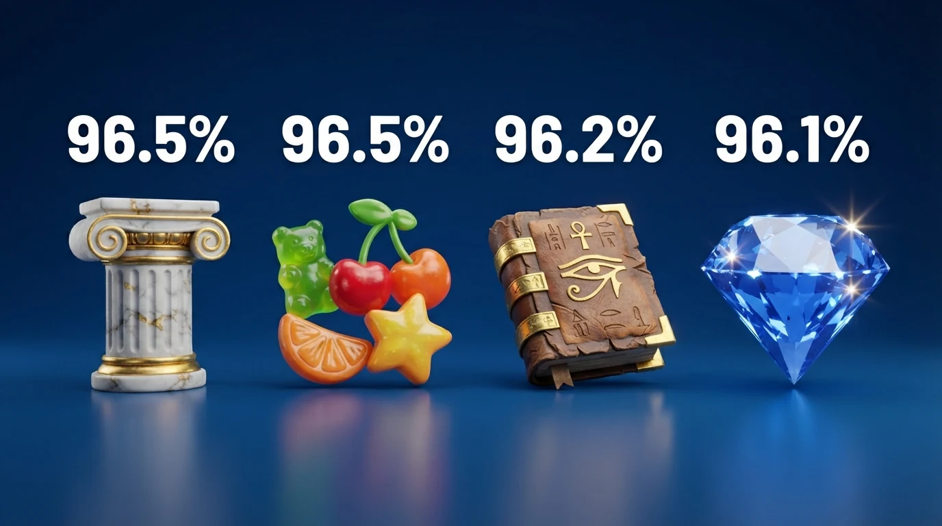 Eine Collage aus Slot-Symbolen (griechische Säulen, Bonbon-Früchte, Buch der Toten, funkelnde Juwelen) mit überlagerten Prozentangaben: 96,5%, 96,2%, 96,1% — jede Prozentzahl einem Slot visuell zugeordnet