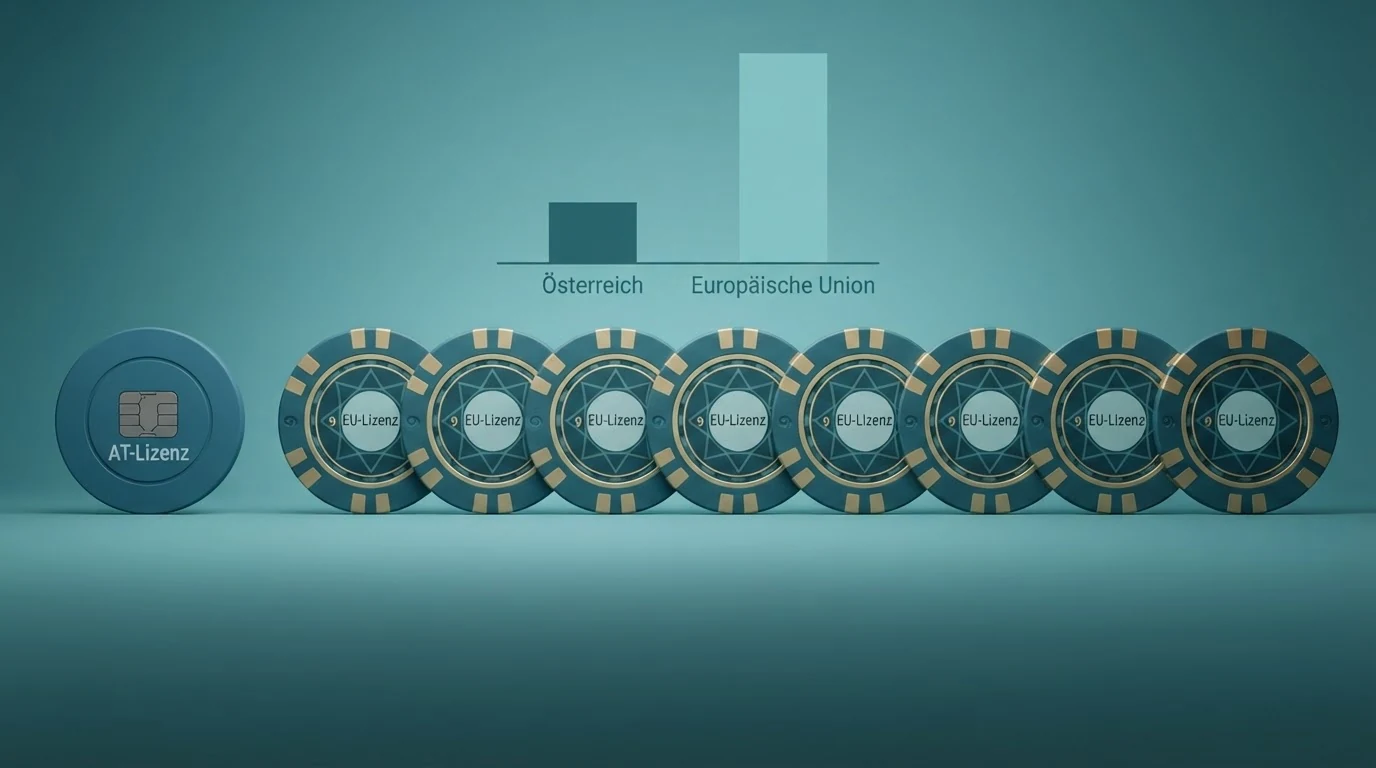 Eine tabellarische Übersicht mit Casino-Logos und daneben einem Haken oder Kreuz für die AT-Konzession, visualisiert als Ampelsystem