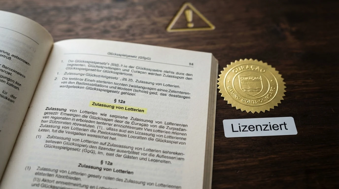 Ein aufgeschlagenes österreichisches Gesetzesdokument neben einem Curaçao-Lizenzsiegel, dazwischen ein stilisiertes Warnsymbol