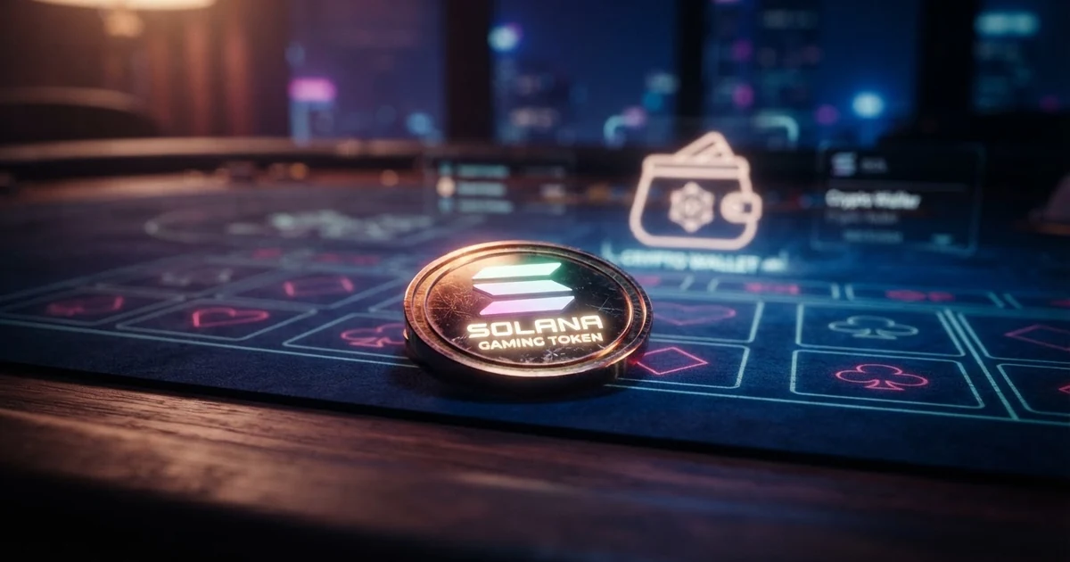 Eine leuchtende Solana-Münze vor einem virtuellen Casino-Tisch mit Kartensymbolen und Phantom-Wallet-Logo im Hintergrund