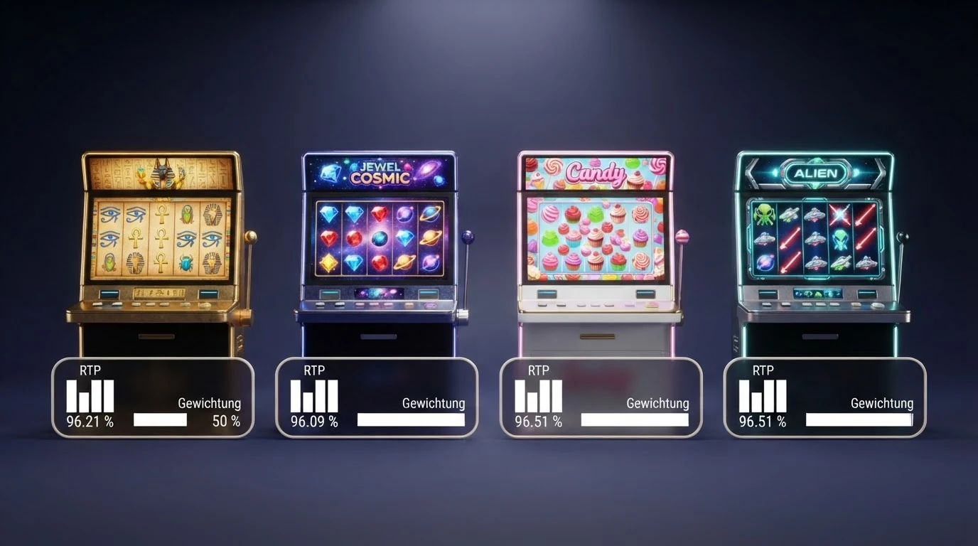 Vier Spielautomaten-Cover (Book of Dead, Starburst, Sweet Bonanza, Reactoonz) in einer Reihe, darunter jeweils RTP-Prozentwert und Gewichtungsbalken