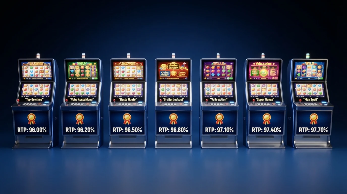 Sieben Online-Spielautomaten mit ihren RTP-Werten von 95,10 % bis 99,07 % in einer Übersicht