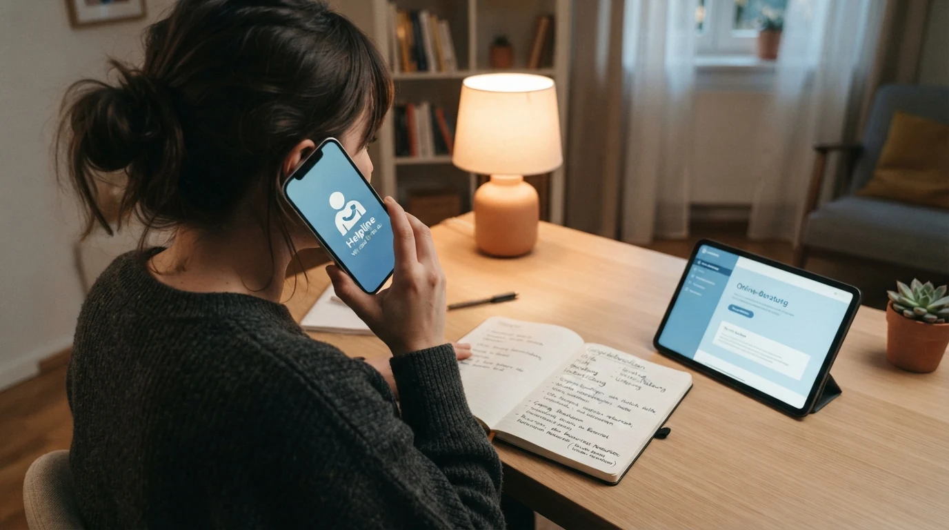 Eine ruhige Beratungsszene — Telefon, Bildschirm mit Hilfsportal, eingeblendete Nummer der Spielsuchthilfe