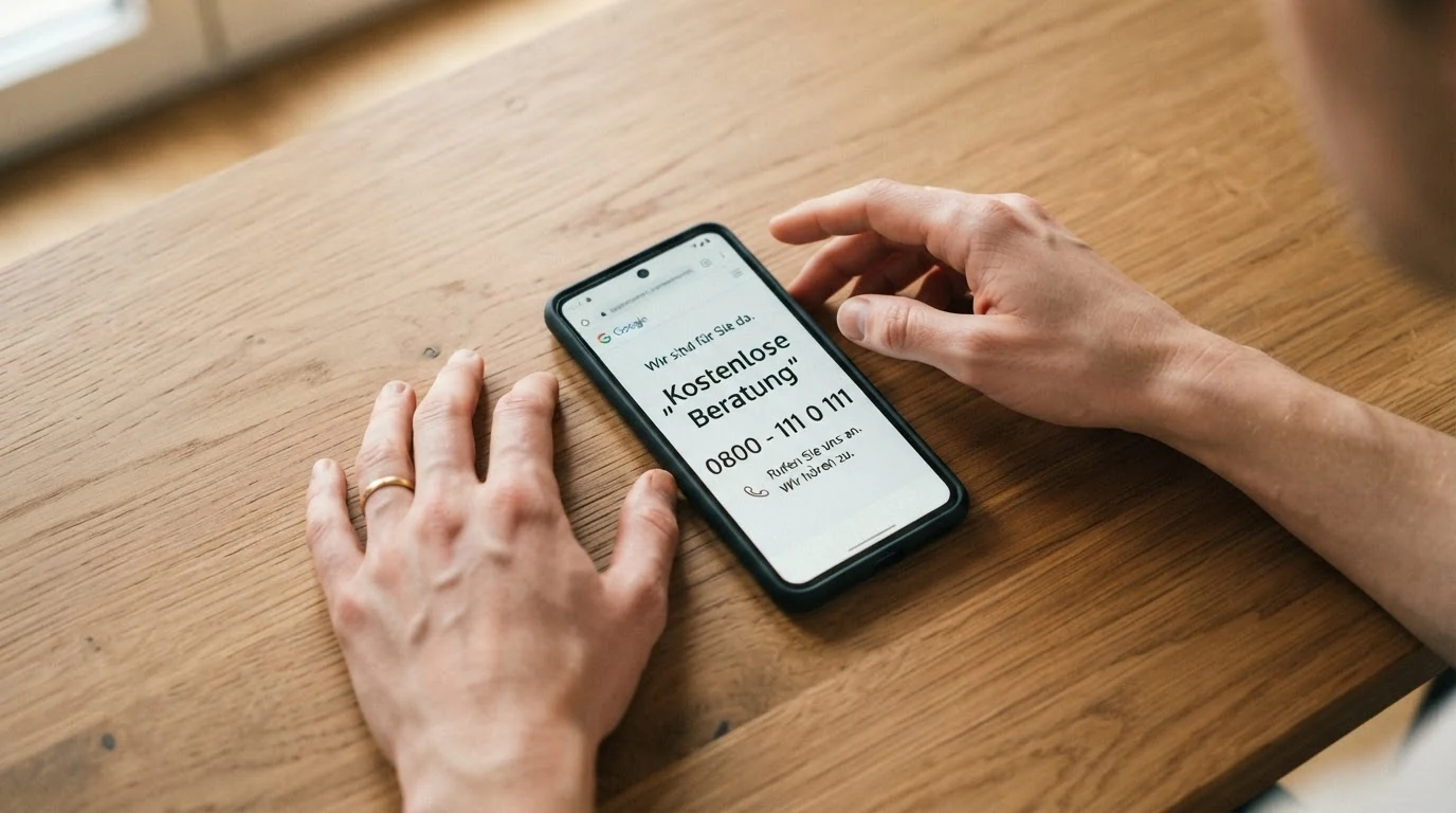 Nahaufnahme einer Hand, die ein Smartphone mit geöffneter Hilfsangebot-Seite hält; am Bildschirm sichtbar: Telefonnummer und „Kostenlose Beratung“, im Hintergrund warmes, beruhigendes Licht
