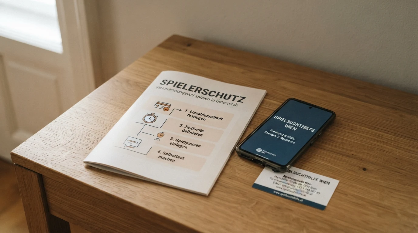 Ein aufgeräumter Schreibtisch mit einer aufgeschlagenen Broschüre „Spielerschutz“, einem Telefon und einer Visitenkarte der Spielsuchthilfe Wien